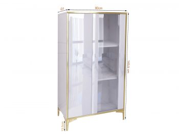 Abmessungen der Vitrine Monako: 80cm Breite, 143,5cm Höhe, 40cm Tiefe – Hochglanz Weiß mit goldenen Akzenten
