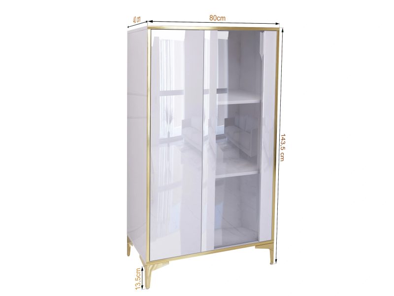 Abmessungen der Vitrine Monako: 80cm Breite, 143,5cm Höhe, 40cm Tiefe – Hochglanz Weiß mit goldenen Akzenten