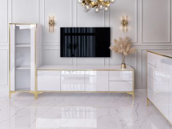 Vitrine Monako 50cm in glamourösem Wohnzimmer neben Lowboard und TV