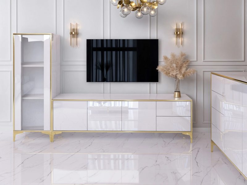 Vitrine Monako 50cm in glamourösem Wohnzimmer neben Lowboard und TV