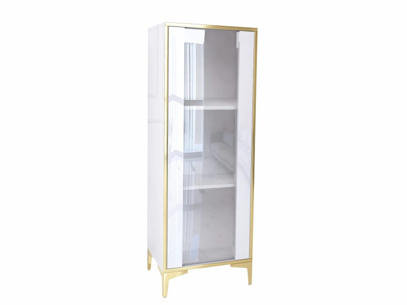Schmale Vitrine Monako 50cm mit einer Glastür, Weiß Hochglanz und goldenen Akzenten, freigestellt