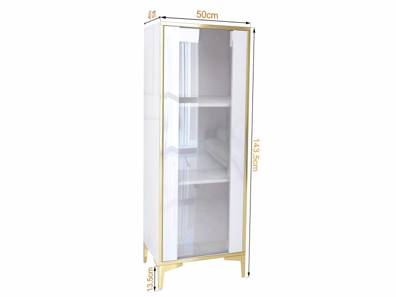 Maße der Vitrine Monako 50cm breit, 143,5cm hoch, 40cm tief – schlankes Design mit Glas und Gold