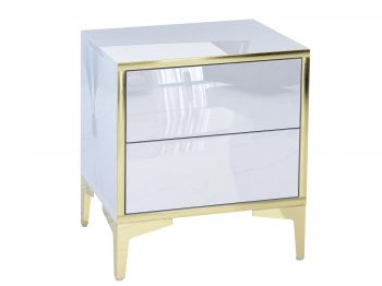 Nachttisch Monako mit goldenen Füßen und glänzender Oberfläche, seitlich dargestellt