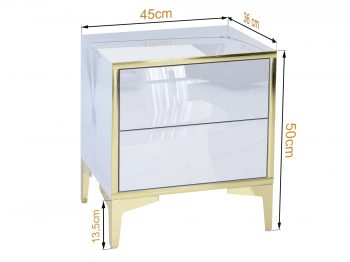 Abmessungen des Nachttischs Monako: 45cm breit, 50cm hoch, 36cm tief – Hochglanz Weiß mit Gold