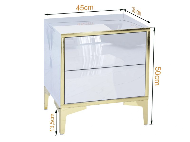 Abmessungen des Nachttischs Monako: 45cm breit, 50cm hoch, 36cm tief – Hochglanz Weiß mit Gold