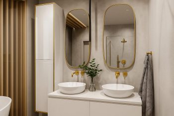 Monako Badezimmerschrank mit Hochglanzfronten in modernem Bad mit goldenen Armaturen