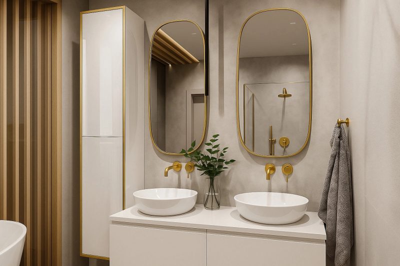 Monako Badezimmerschrank mit Hochglanzfronten in modernem Bad mit goldenen Armaturen