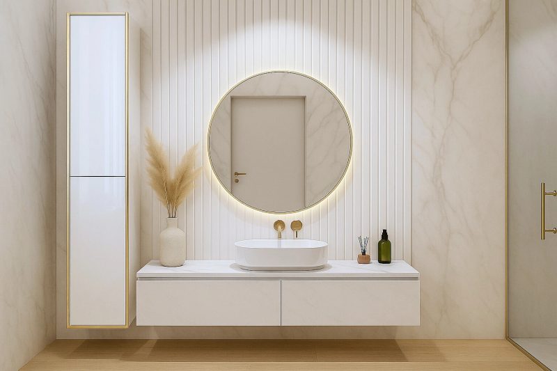 Hängender Badschrank Monako in elegantem, hellen Badezimmer mit rundem Spiegel