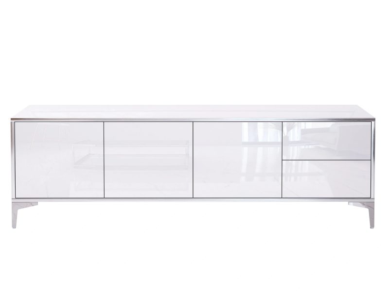 Frontalansicht des TV-Lowboards Monako 180cm in Hochglanz Weiß ohne Dekoration