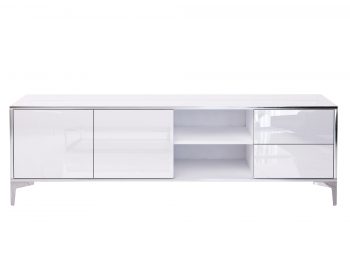 TV-Lowboard Monako mit geöffneter Mittelklappe und sichtbaren Innenfächern