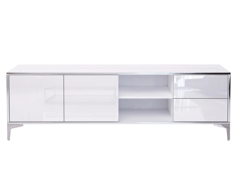 TV-Lowboard Monako mit geöffneter Mittelklappe und sichtbaren Innenfächern