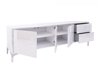 TV-Lowboard Monako mit geöffneten Türen und Schubladen, zeigt das Innenleben