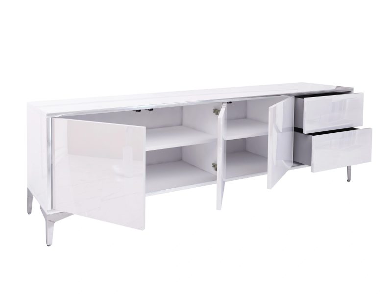 TV-Lowboard Monako mit geöffneten Türen und Schubladen, zeigt das Innenleben