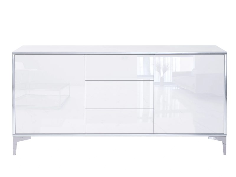 Frontalansicht der Kommode Monako mit 3 Schubladen und 2 Türen in Weiß Hochglanz