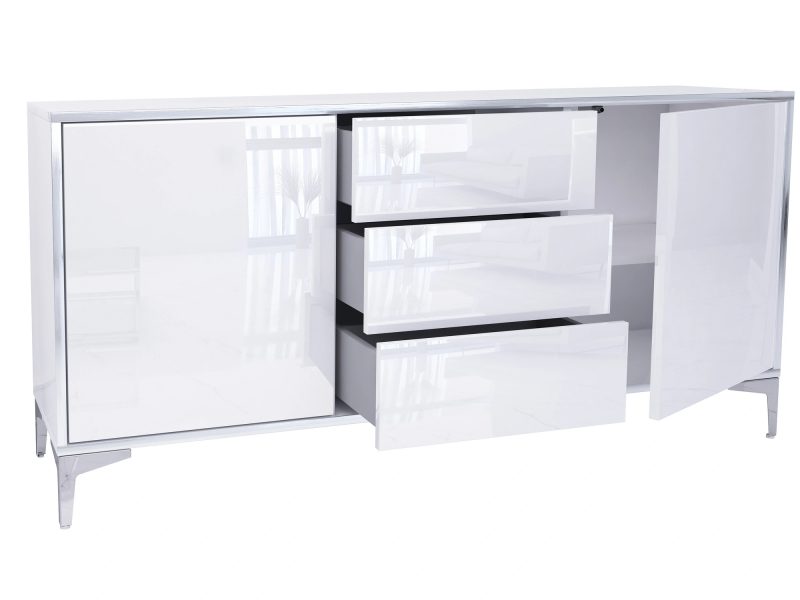 Kommode Monako geöffnet mit 3 Schubladen, 2 Türen und sichtbaren Einlegeböden