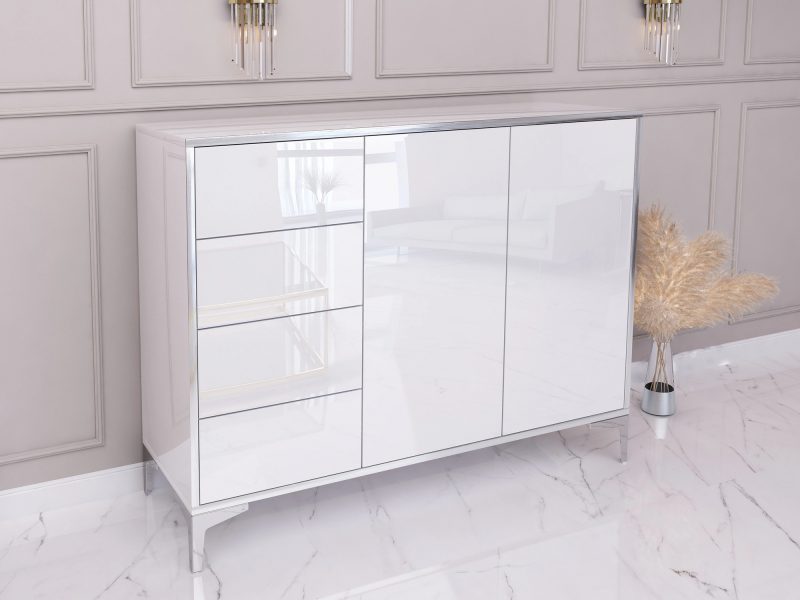 Seitenansicht der Hochglanz-Kommode Monako mit silbernen Füßen und moderner Wandverzierung