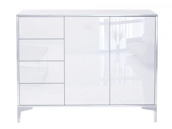 Frontalansicht der Kommode Monako 118cm mit glatten weißen Fronten und silbernen Akzenten