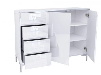 Kommode Monako geöffnet mit 4 Schubladen und Einlegeböden hinter zwei Türen