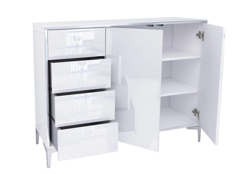 Kommode Monako geöffnet mit 4 Schubladen und Einlegeböden hinter zwei Türen