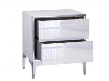 Nachttisch Monako mit geöffneten Schubladen, Hochglanz Weiß und silberner Rahmen, Studioaufnahme