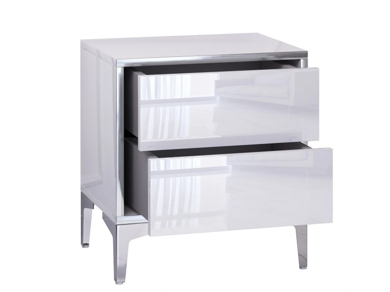 Nachttisch Monako mit geöffneten Schubladen, Hochglanz Weiß und silberner Rahmen, Studioaufnahme