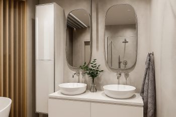 Badezimmerschrank Monako 40cm montiert neben Doppelwaschtisch mit Spiegeln in modernem Badezimmer