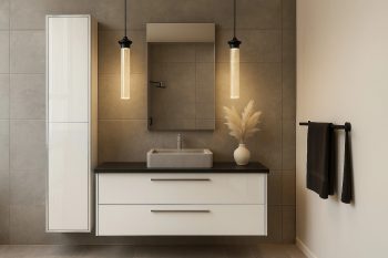 Weißer Hochglanz-Hängeschrank Monako in elegantem Bad mit grauen Fliesen und schwarzer Ablage