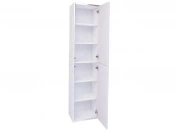 Monako Badezimmerschrank mit geöffneten Türen, zeigt fünf weiße Ablagefächer