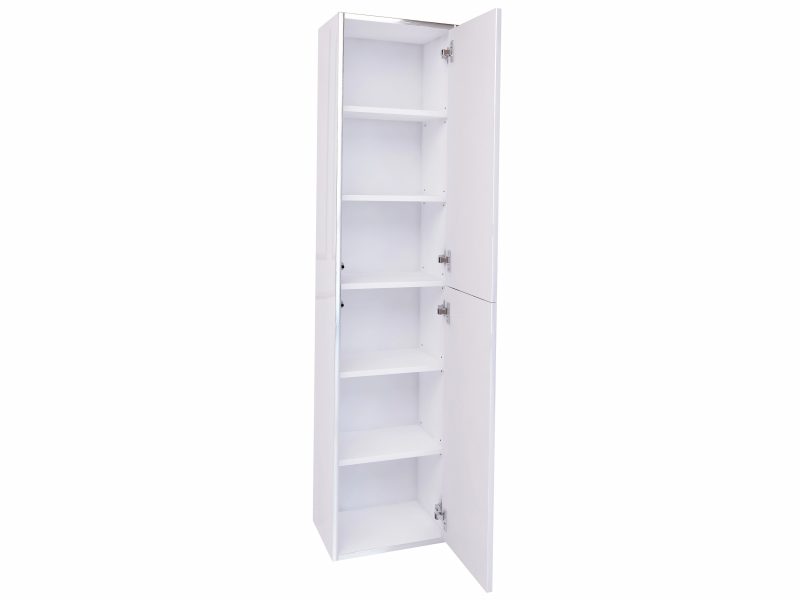 Monako Badezimmerschrank mit geöffneten Türen, zeigt fünf weiße Ablagefächer