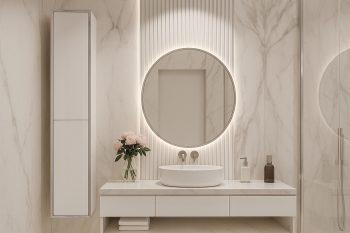 Weißer Badezimmerschrank Monako 30cm Hochglanz freigestellt mit geschlossenen Türen