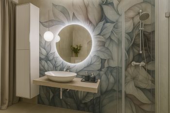 Badezimmerschrank Monako in Weiß Hochglanz vor floralem Wandmotiv mit runder Spiegelleuchte