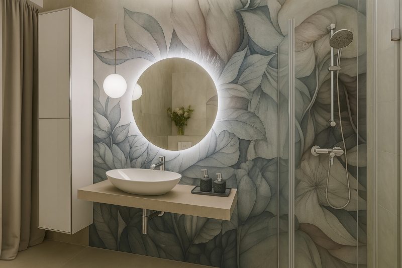 Badezimmerschrank Monako in Weiß Hochglanz vor floralem Wandmotiv mit runder Spiegelleuchte