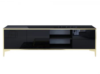 TV-Lowboard Monako Schwarz Hochglanz mit geöffnetem Fach und sichtbaren Regalböden.