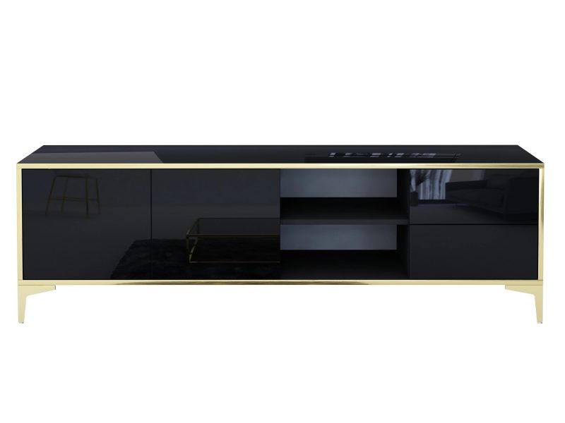 TV-Lowboard Monako Schwarz Hochglanz mit geöffnetem Fach und sichtbaren Regalböden.