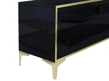Detailansicht der goldenen Beine des TV-Lowboards Monako in Schwarz Hochglanz.