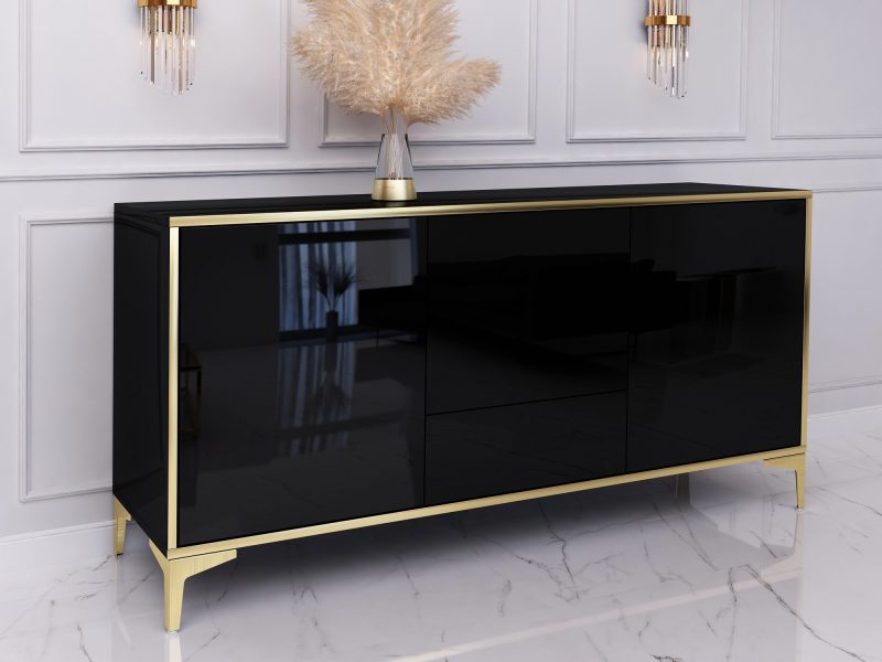 Seitenansicht der Kommode Monako in Schwarz Hochglanz mit goldenen Akzenten.