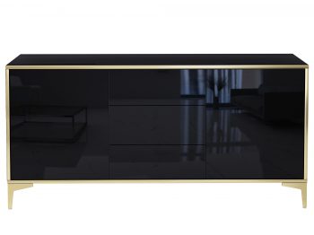 Frontansicht der Kommode Monako 154cm Schwarz Hochglanz mit vier Schubladen und Türen.