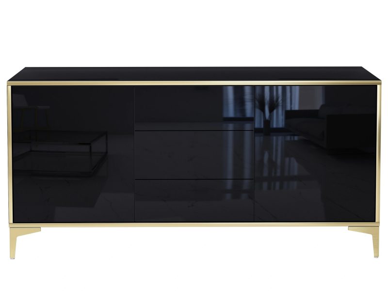 Frontansicht der Kommode Monako 154cm Schwarz Hochglanz mit vier Schubladen und Türen.