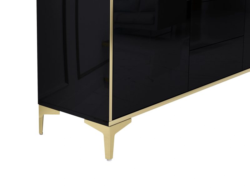 Detailansicht der goldenen Beine der Kommode Monako Schwarz Hochglanz.