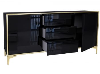 Offene Kommode Monako 154cm Schwarz Hochglanz mit Schubladen und Türen.