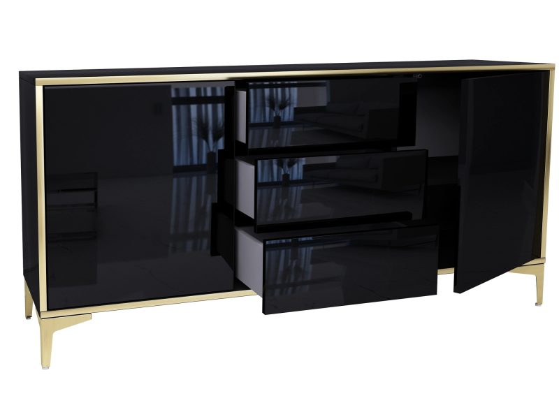 Offene Kommode Monako 154cm Schwarz Hochglanz mit Schubladen und Türen.