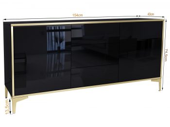Kommode Monako Schwarz Hochglanz mit goldenen Akzenten, Maße eingeblendet.