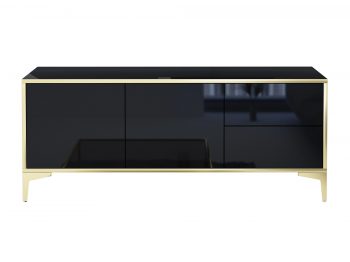 Frontansicht des TV-Lowboards Monako 136cm Schwarz Hochglanz mit goldenen Akzenten.