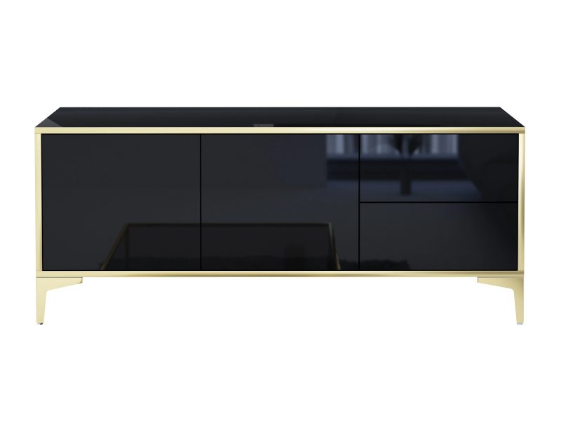 Frontansicht des TV-Lowboards Monako 136cm Schwarz Hochglanz mit goldenen Akzenten.