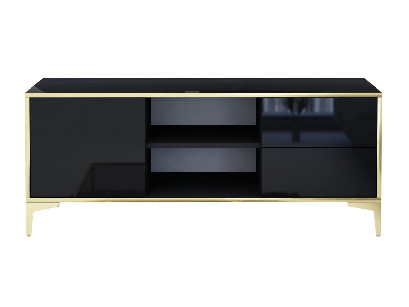 TV-Lowboard Monako Schwarz Hochglanz mit offenen Fächern und Schubladen.