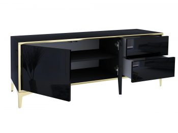 Offenes TV-Lowboard Monako 136cm Schwarz Hochglanz mit Türen und Schubladen.