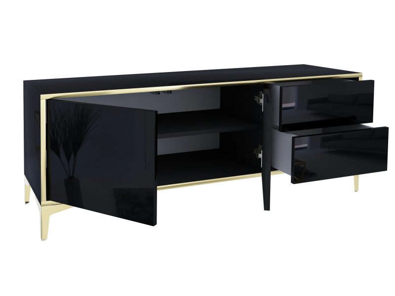 Offenes TV-Lowboard Monako 136cm Schwarz Hochglanz mit Türen und Schubladen.