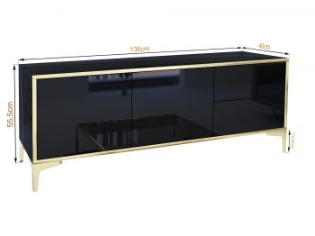TV-Lowboard Monako 136cm Schwarz Hochglanz mit goldenen Akzenten, Maße eingeblendet.