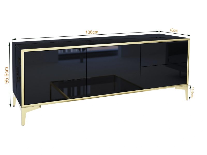 TV-Lowboard Monako 136cm Schwarz Hochglanz mit goldenen Akzenten, Maße eingeblendet.