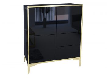 Seitenansicht der Hochkommode Monako Schwarz Hochglanz mit goldenen Akzenten.